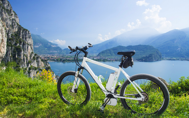 Weißes Fahrrad vor See und Bergen bei klarem Himmel.