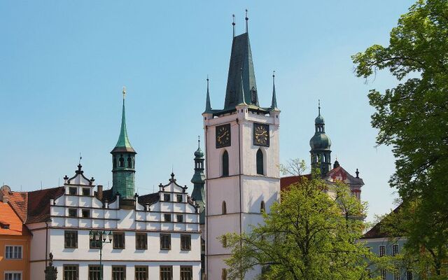 Rathaus und Kirche mit Turm und Bäumen in Leitmeritz.