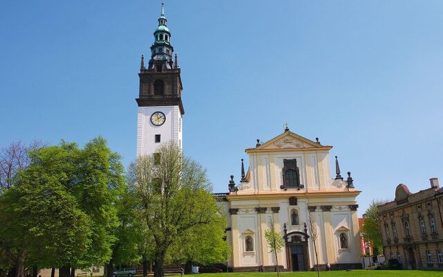 Dom St. Stephan und Turm in Leitmeritz an der Elbe, umgeben von Bäumen.